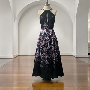 Morgan & Co Womens Black Floral Halter Hi Low Lace Up Back Evening Gown Size 9